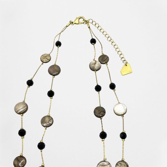 Park Lane Station Necklace Layered Shell Disc Glass Bead Tiered Gold Tone Beige - Picture 3 of 8